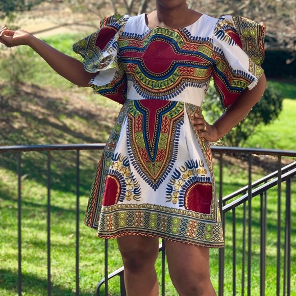 African Print Ankara Handmade White Dashiki Mini Ruffle Sleeve Dress - Picture 6 of 7